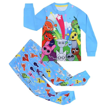 Sprunki Kids 2-Piece Pajama Set – Cartoon Anime Game Long-Sleeve Shirt & Pants Sleepwear for Girls & Boys