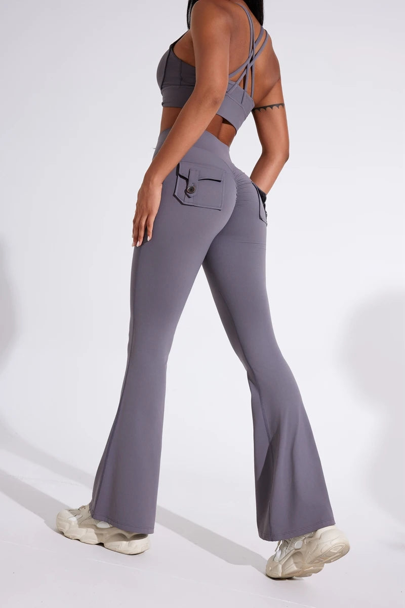 DIAS FIT JOY Pantalon de yoga évasé taille haute pour femme – Legging patte d'éléphant push-up avec poches, pantalon d'entraînement à séchage rapide pour la course, la gym, le fitness et l'exercice