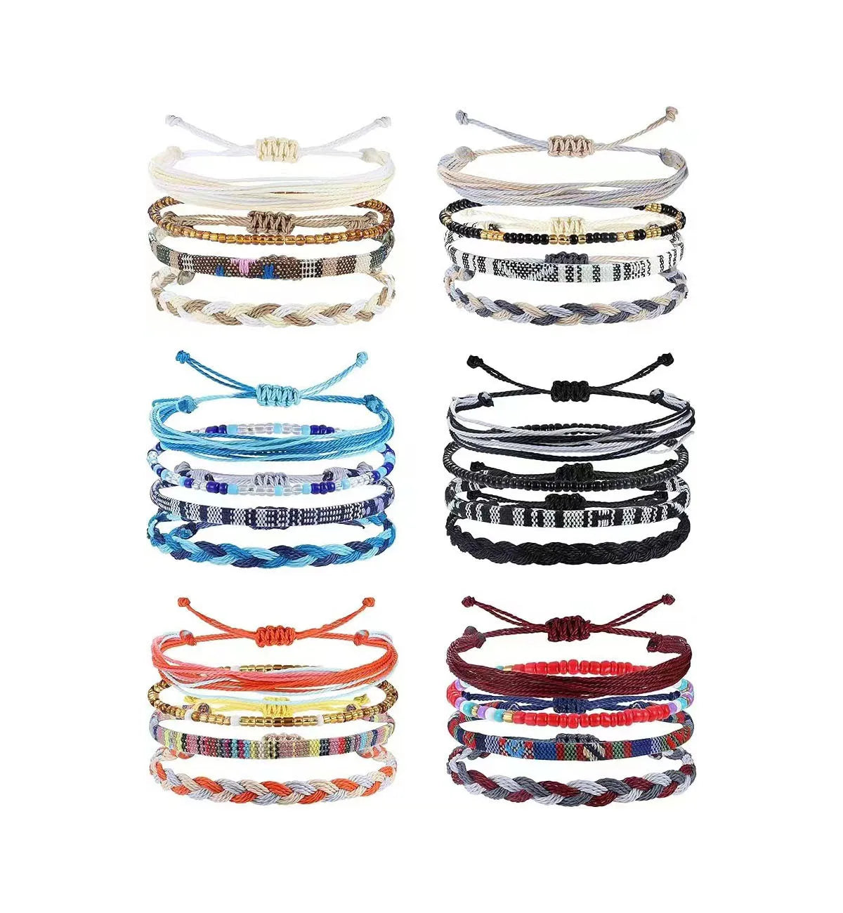4/24 Piece Boho Surfer Bracelets & Anklets Set – Colorful Braided Rope String Jewelry for Summer Beach Fashion