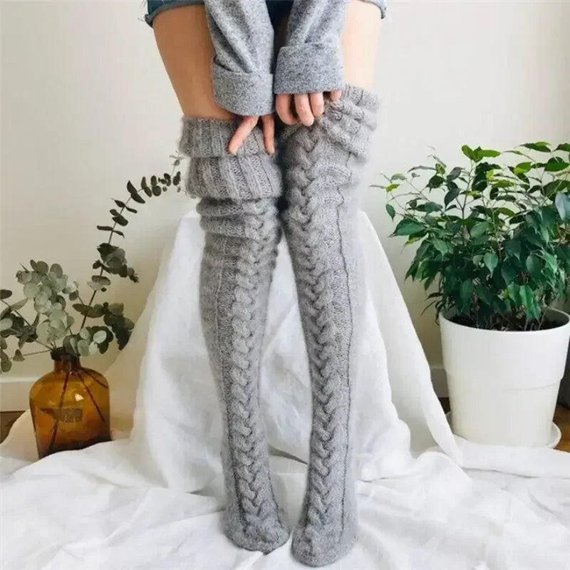 Women’s Winter Over-the-Knee Leg Warmers – Twist Knit Long Knee-High Stacked Socks, Warm Wool-Style Fashion Socks