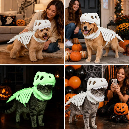 Glow-in-the-Dark Dinosaur Skeleton Pet Costume – Soft Fluffy Dinosaur-Shaped Halloween Role-Play Outfit for Cats & Small Dogs