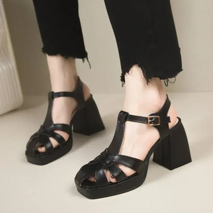 Sandalias de plataforma con tacón grueso para mujer – Zapatos de gladiador retro de cuero PU con punta cuadrada tejida, tacones de cuña de verano