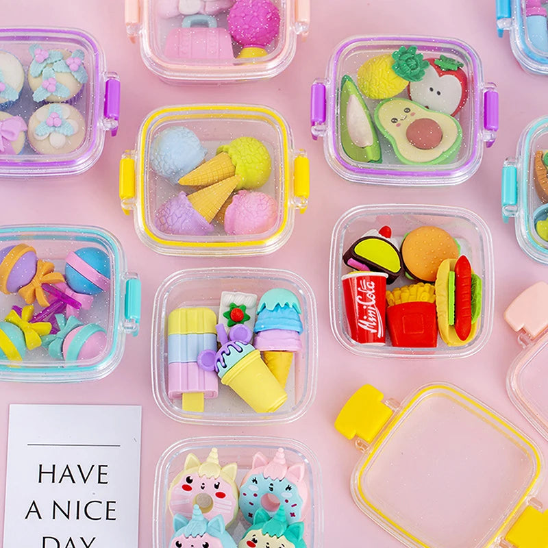 Juego de gomas de borrar creativas para lonchera – Bonitas gomas de borrar de lápiz suaves con temática de comida para estudiantes, útiles escolares, corrección de escritura y divertidos premios de regalo