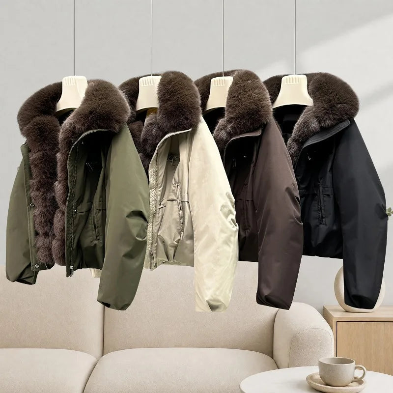 Women's 2026 Winter Parka Jacket Detachable Oversized Fur Collar Thick Cotton-Padded Coat Loose Fit Warm Short Puffer Outerwear for Students