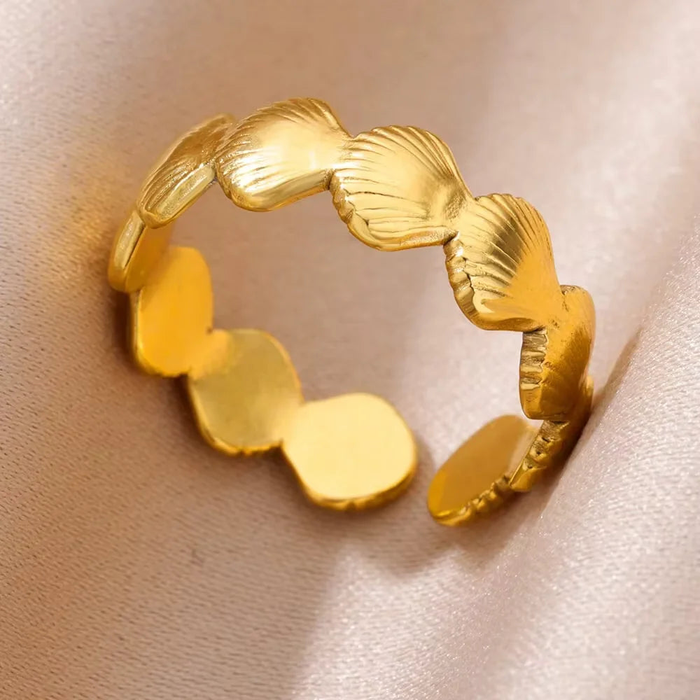 Gold Stainless Steel Starfish & Shell Ring – Adjustable Waterproof Beach-Inspired Ring for Women