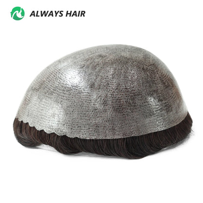 0.12-0.14mm PU Skin Hombres Peluquín – Peluca de Sistema Capilar de Cabello Humano Indio de Grosor Completo | Reemplazo de Cabello Natural con 130% de Densidad