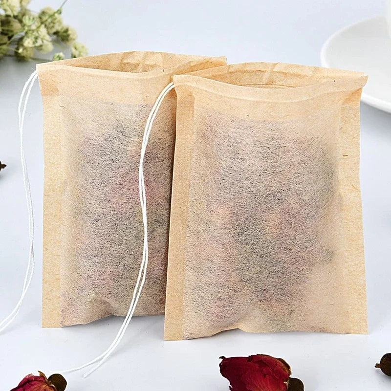 100pcs Empty Tea Bags with Drawstring – Disposable Filter Bags for Loose Leaf Tea, Coffee Beans, Herbal Powder & Spices, Biodegradable Paper Tea Strainer Bags for Home Brewing