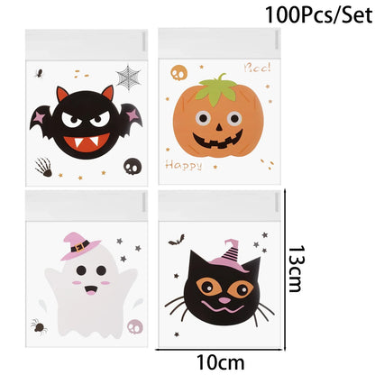 100/500PCS Halloween Candy Bags – Spooky Self-Adhesive Plastic Treat Bags for Candy, Cookies & Snacks, Kids’ Gifts, Trick-or-Treat & Halloween Party Decor