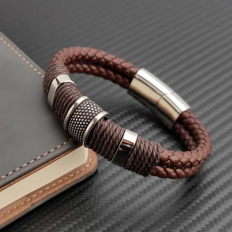 Luxury Vintage Leather Bracelet for Men – Multi-Layer Brown Leather & Stainless Steel Bead Wrist Bangle | Fashion Jewelry Gift