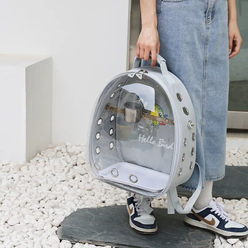 Transparent Bird Carrier Backpack – Portable Birdcage with Perch Platform & Food Cup for Parrots, Cockatiels, Budgies & Lovebirds