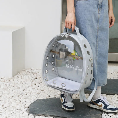 Transparent Bird Carrier Backpack – Portable Birdcage with Perch Platform & Food Cup for Parrots, Cockatiels, Budgies & Lovebirds