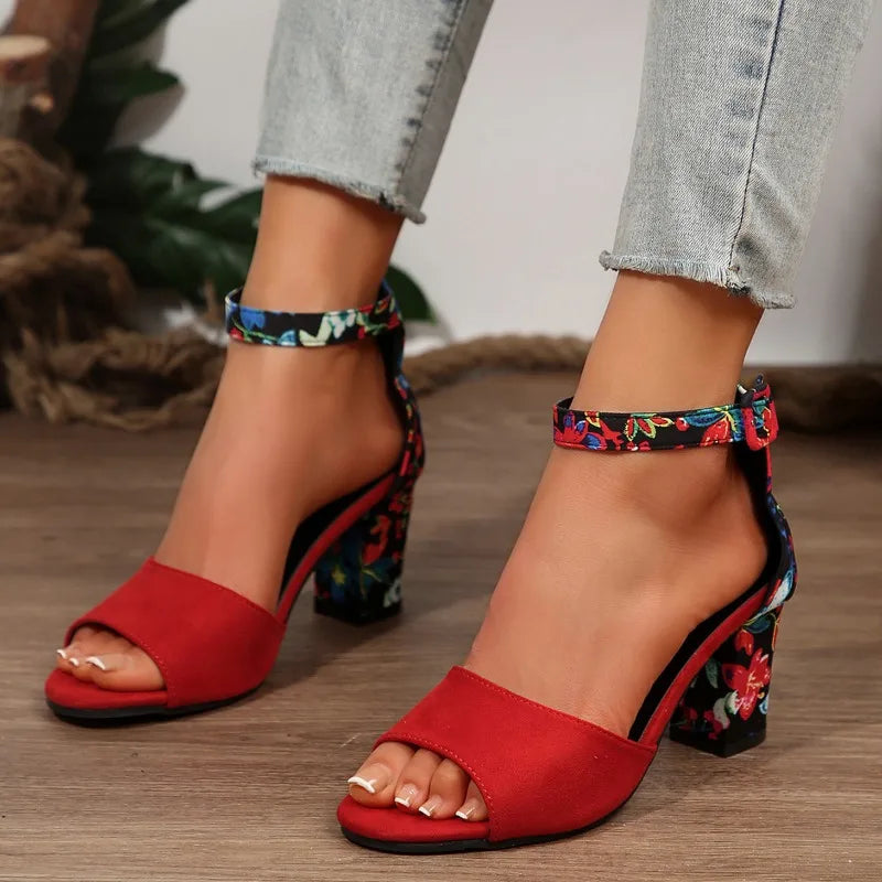 Sandales à talons épais et bout ouvert pour femmes – Talons hauts décontractés d'été antidérapants, chaussures habillées tendance à bout rond imprimées