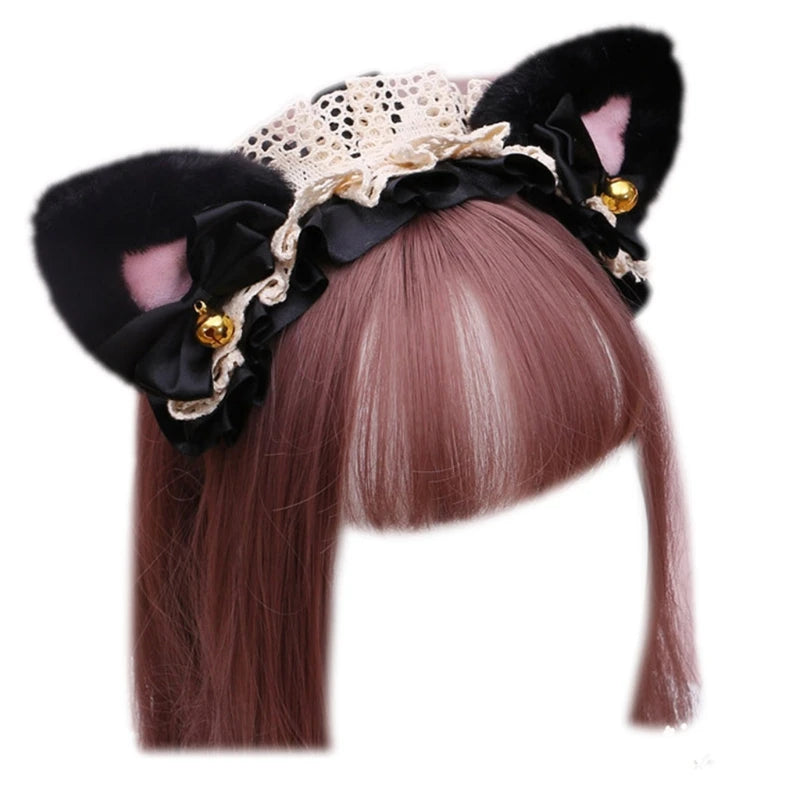 Cute Anime Lolita Cat Ear Headband, Plush Animal Ears with Ruffled Lace, Ribbon Bow and Bell, Kawaii Cosplay Hair Hoop for Masquerade, Costume Parties, and Daily Wear