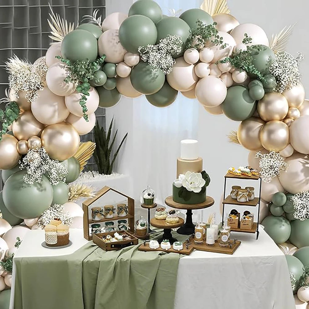 Sage Green Balloon Arch Garland Kit – Green, White, Sand & Gold Confetti Latex Balloons for Birthday, Wedding & Graduation Decorations