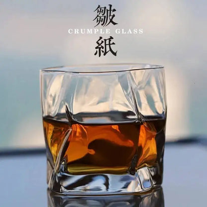 Japanese Edo Designer Whiskey Glass – Irregular Crumple Paper Shape Crystal Faceted Rock Glass for Whiskey, Wine & Bar Drinkware