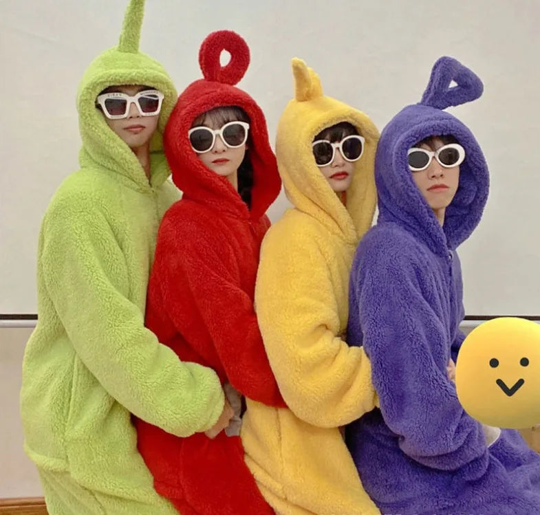 Teletubbies Inspired Adult Cosplay Pajamas – Tinky Winky / Laa-Laa / Po Soft Long Sleeve Onesie Costume (4 Colors)