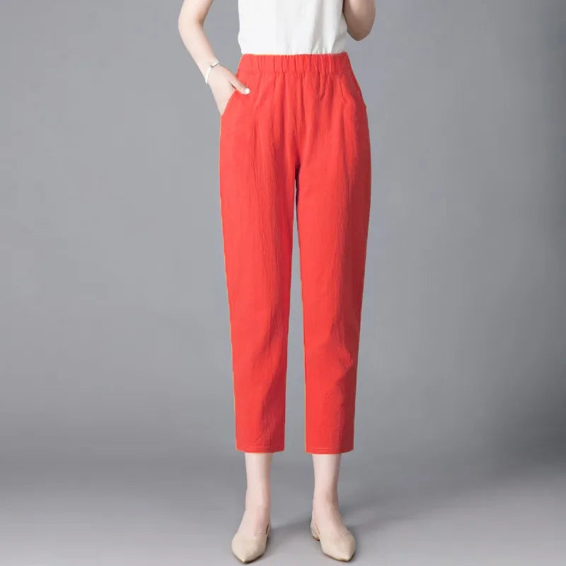 Pantalones Harlan de Verano para Mujer de Lino y Algodón, de Cintura Alta, Sueltos, Delgados, Estampados, Informales, tipo Farol, de Nueve Puntos con Bolsillos
