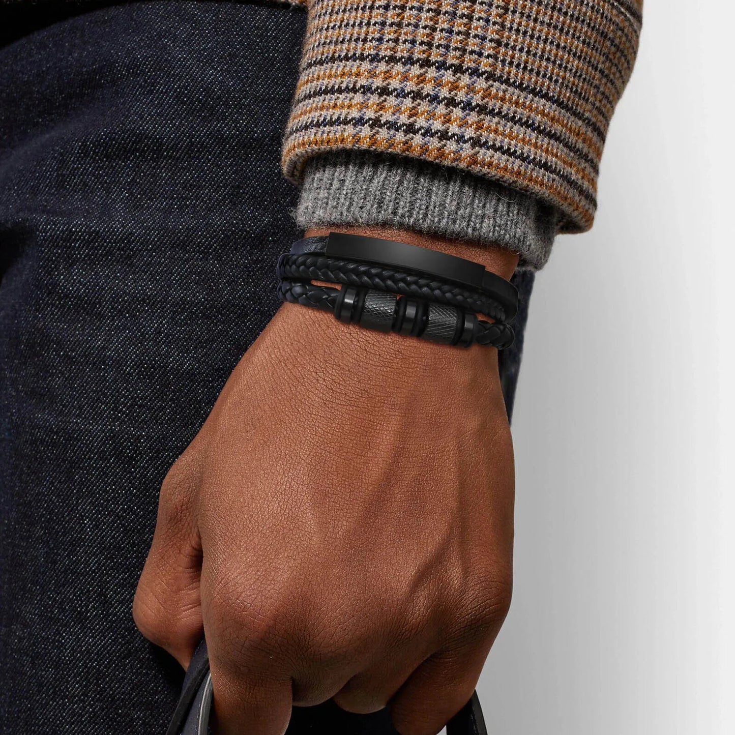 Vnox Personalized Braided Leather Bracelet for Men – Custom Name Engraved Triple Woven PU Leather Wristband | Handmade Gift Jewelry