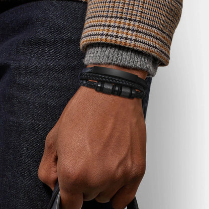 Vnox Personalized Braided Leather Bracelet for Men – Custom Name Engraved Triple Woven PU Leather Wristband | Handmade Gift Jewelry