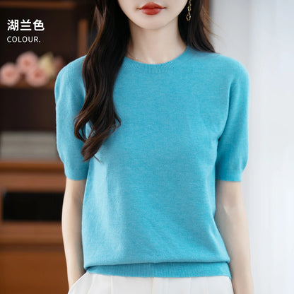 Women's 100% Wool Knitted Sweater – O-Neck Short-Sleeve Pullover, Warm Basic Casual Top for Fall & Winter, Available in 22 Colors