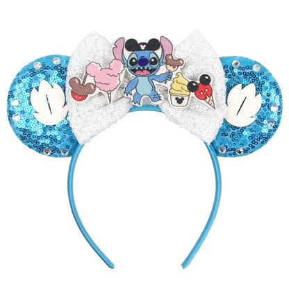 Diadema de orejas de Mickey Mouse de Lilo & Stitch – Lazo de lentejuelas de 5" Accesorio para el cabello de dibujos animados para mujeres y niñas | Diadema para fiestas y festivales