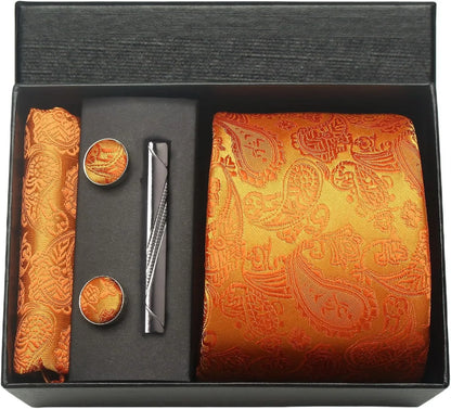Corbata de seda 100% con diseño floral de Paisley para hombre con pañuelo de bolsillo, pasador de corbata y gemelos en caja de regalo