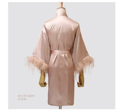 Women’s Feather Satin Robe – Bride Bridesmaid Wedding Kimono Bathrobe V-Neck Nightgown Lingerie