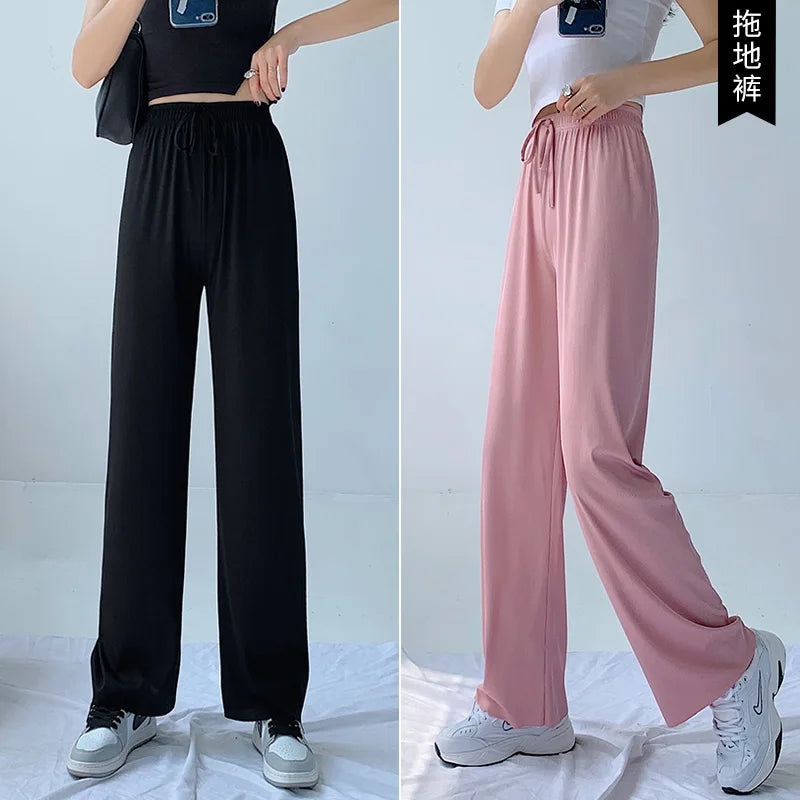 Plus Size Women's Ice Silk Wide-Leg Pants – High-Waist Lightweight Casual Trousers for Summer Sports & Everyday Wear