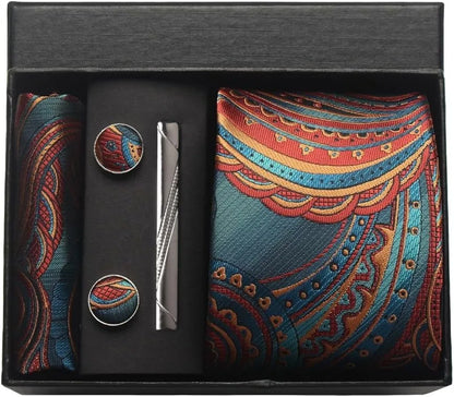 Corbata de seda 100% con diseño floral de Paisley para hombre con pañuelo de bolsillo, pasador de corbata y gemelos en caja de regalo