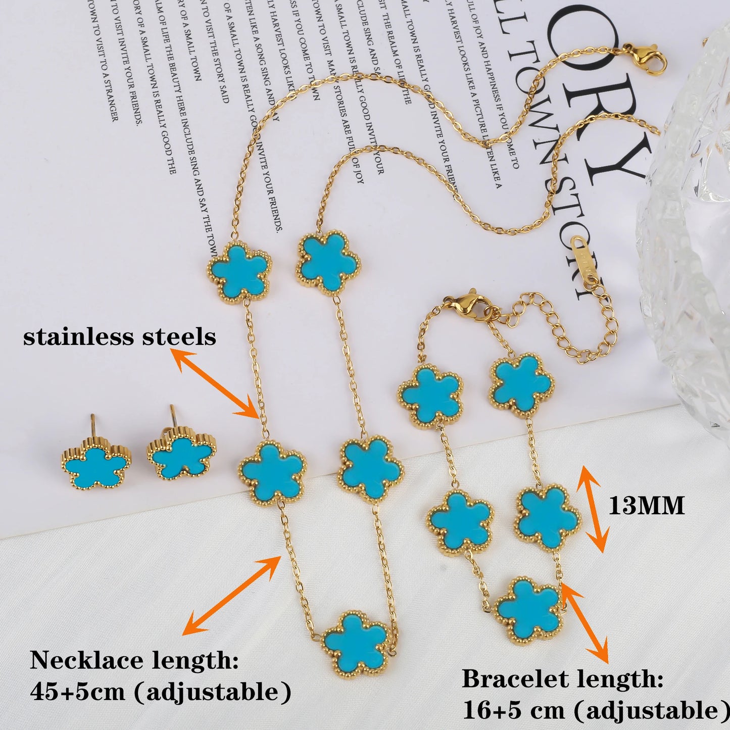 3Pcs Women’s 18K Gold Plated Five Leaf Flower Jewelry Set Clover Necklace Earrings Bracelet Party