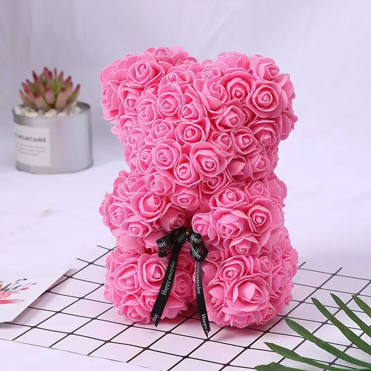 Oso de rosas artificiales de 25 cm con caja de regalo – Regalo romántico para ella en San Valentín, aniversario y boda