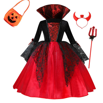 Girls’ Vampire Devil Cosplay Costume Set – Complete Halloween Party Outfit with Accessories, Holiday Dress-Up Costume & Gift