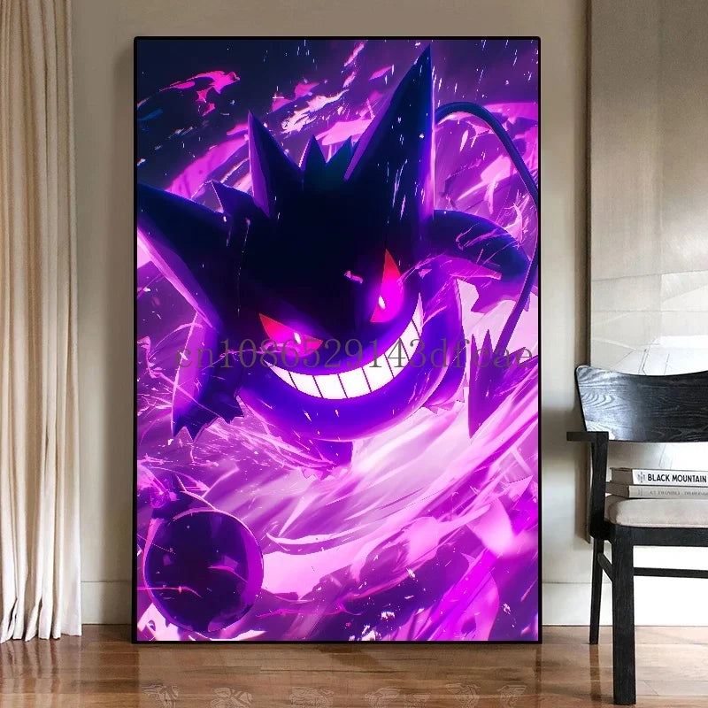 Pokémon Canvas Wall Art – Gengar Anime Ink Painting Poster Print for Living Room & Kids Room Decor