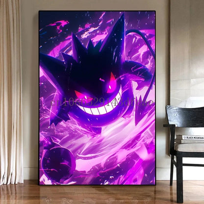 Pokémon Canvas Wall Art – Gengar Anime Ink Painting Poster Print for Living Room & Kids Room Decor