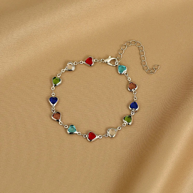 Elegante Pulsera de Zirconia de Cristal Rojo – Pulsera de Cadena Metálica con Corazón Colorido para Mujer, Boda, Fiesta y Joyería de Regalo