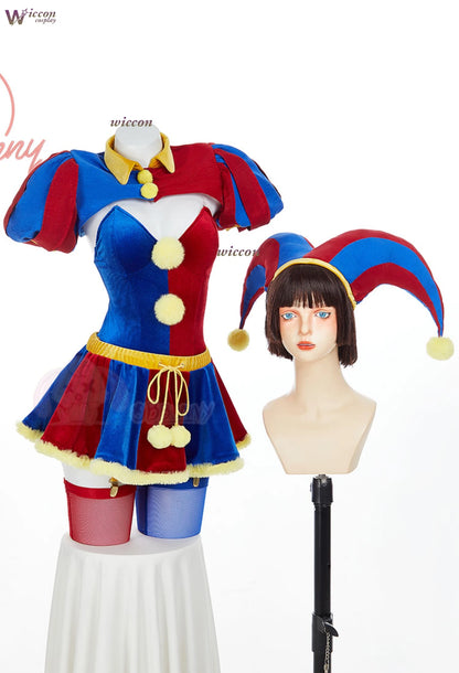 Clown Circus Cosplay Costume – Original Design Adult Set (Pomnii Wig, Hat, Velvet Skirt, Carnival/Christmas Outfit)