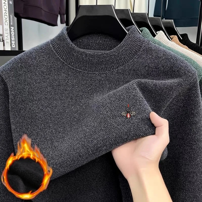Men’s 100% Merino Wool Winter Sweater – Little Bee Embroidered Ribbed Collar Knitted Pullover, Soft Warm Fashion Knitwear