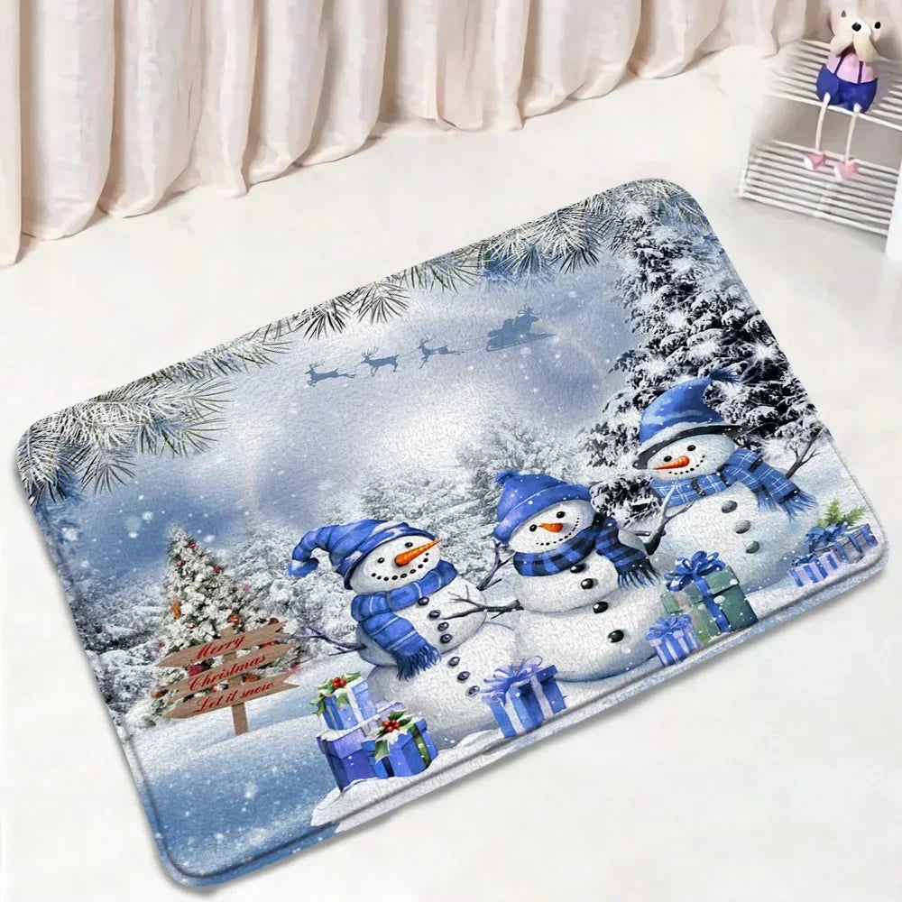 Funny Christmas Bath Mat Set – Cute Snowman, Santa Claus, Red Ball & Xmas Tree Bathroom Rugs with Toilet Lid Cover