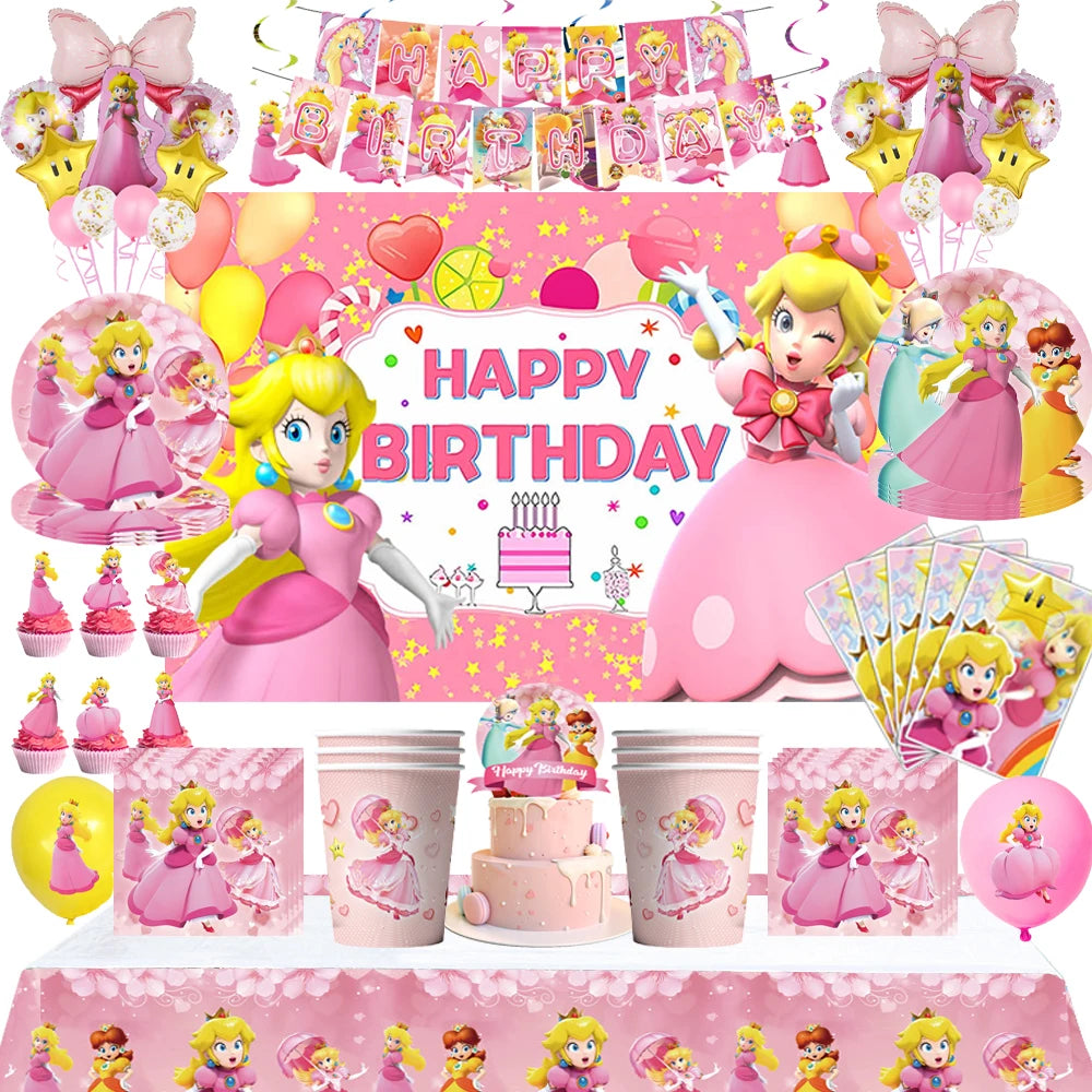 Princess Peach Party Supplies Set – Cartoon Anime-Themed Tableware, Balloons & Decorations for Children's Birthdays & Baby Showers