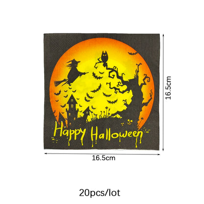 Halloween Disposable Tableware Set 2026, Pumpkin-Themed Paper Plates, Cups, Napkins and Tablecloth, Halloween Party Supplies, Spooky Dining Table Decorations for Home and Parties