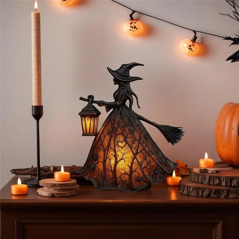 AT44 Halloween Witch Table Lamp – Gothic Spooky Light with Holding Lantern Design for Home, Porch & Halloween Party Decor