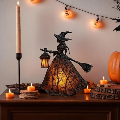 AT44 Halloween Witch Table Lamp – Gothic Spooky Light with Holding Lantern Design for Home, Porch & Halloween Party Decor
