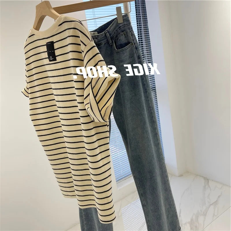 Women’s Korean Style Oversize Striped T-Shirt Loose Casual Short Sleeve Cotton Summer Commute Top