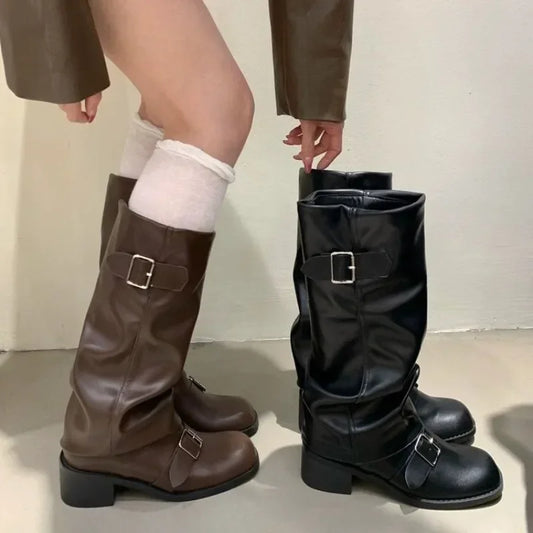 Botas altas de plataforma hasta la rodilla para mujer – Botas de moto de piel estilo gótico punk con tacón grueso, calzado de moda estilo New Rock