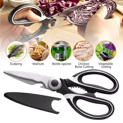 Ciseaux de cuisine en acier inoxydable avec couvercle de protection – Ciseaux robustes pour volaille, poisson, légumes et ouvre-noix