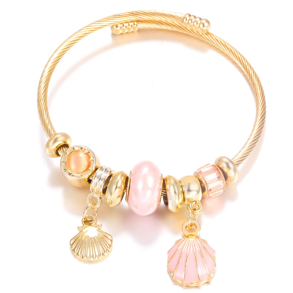 Pulsera con colgante de corazón y cuentas – Pulsera de abalorios de acero inoxidable de 4 colores para mujer | Regalo de joyería de moda dorada de tendencia
