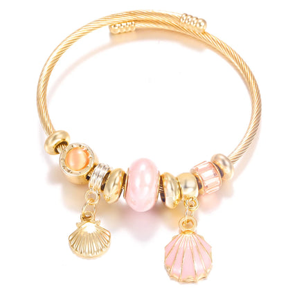 Pulsera con colgante de corazón y cuentas – Pulsera de abalorios de acero inoxidable de 4 colores para mujer | Regalo de joyería de moda dorada de tendencia