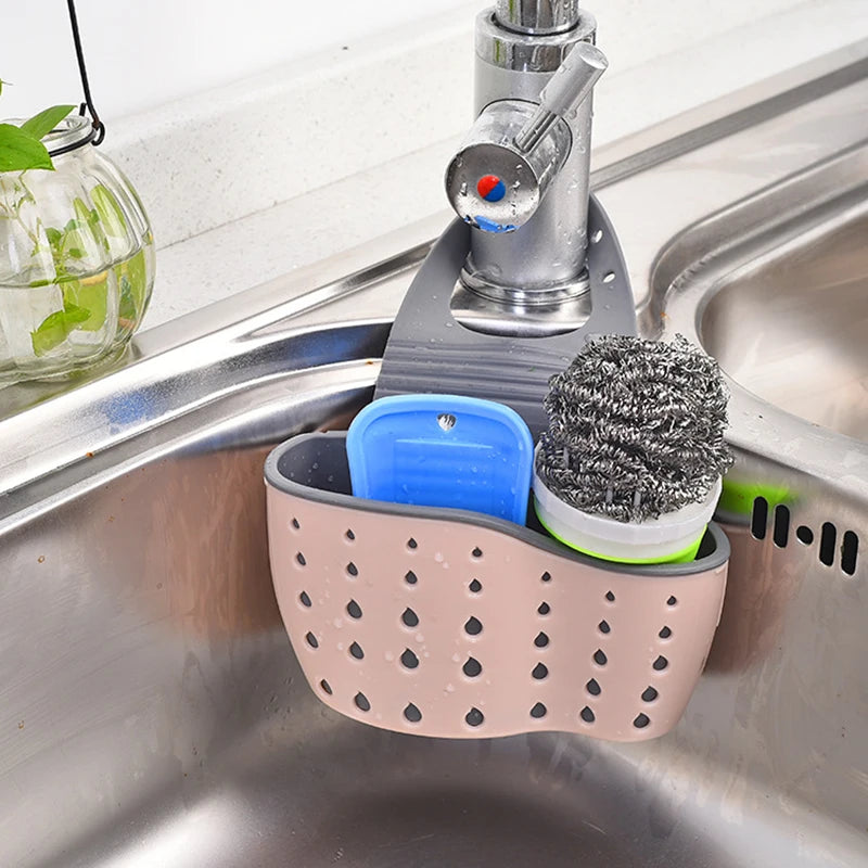 Adjustable Kitchen Sink Drain Basket Sponge & Soap Holder Hanging Sink Organizer