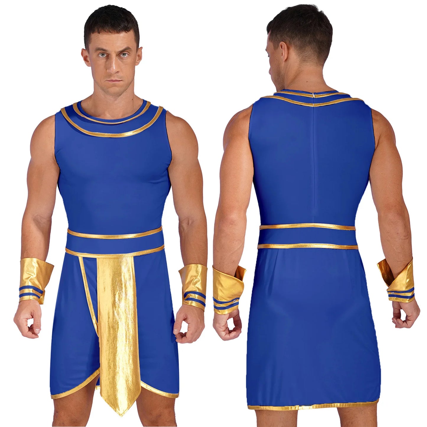 Men’s Ancient Greek & Egyptian Pharaoh Cosplay Costume – Metallic Shiny Toga Robe with Sleeves for Halloween & Roleplay