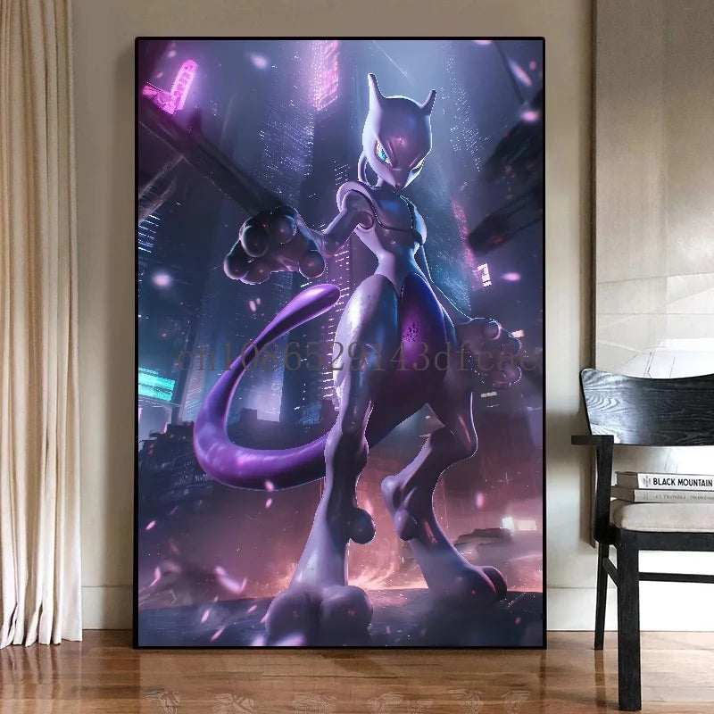 Pokémon Mewtwo HD Canvas Wall Art – Anime Watercolor Poster Print Modern Home Decor